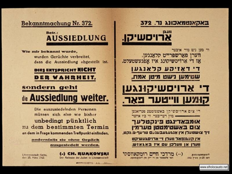 Cartel del ghetto de Lodz anunciando el reasentamiento de los judíos, es decir, las deportaciones.